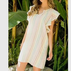 THML RAINBOW STRIPED FLUTTER SLEEVE MINI DRESS SMALL NEW WITH TAGS